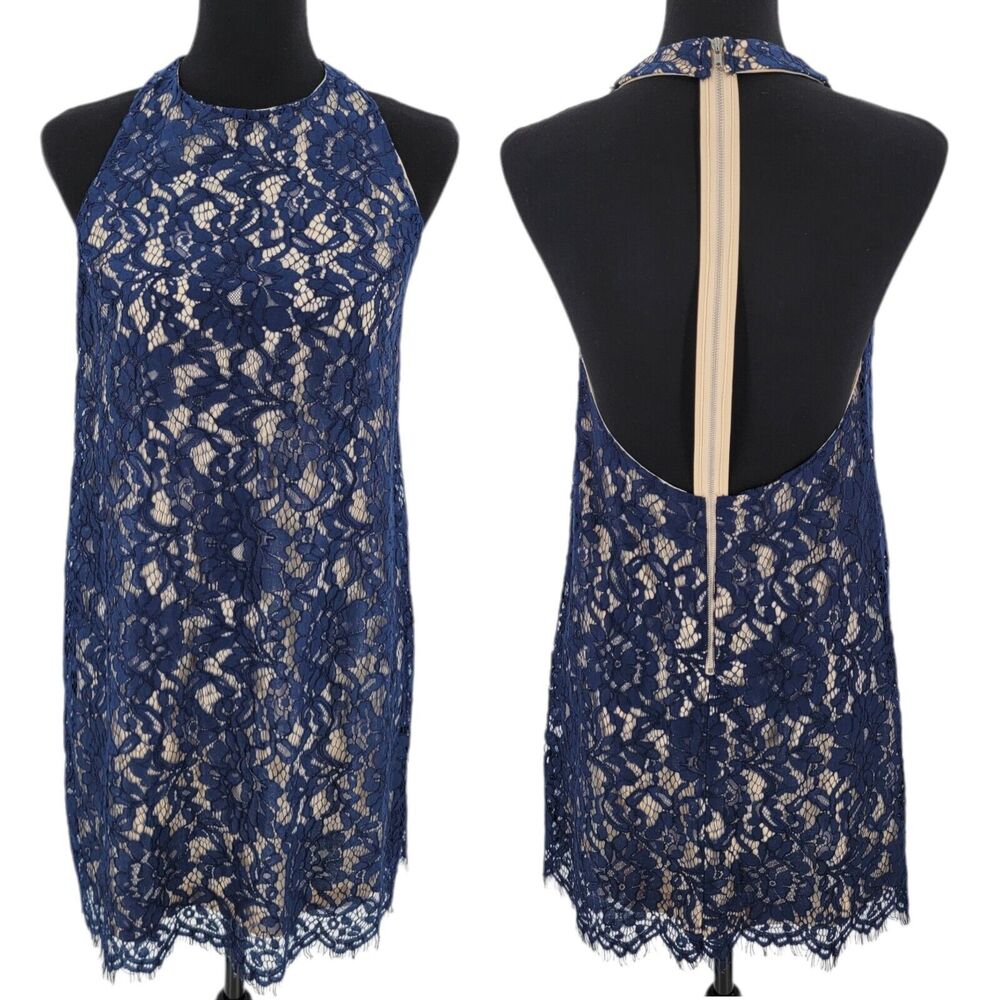 Do + Be Dress Women's Size Small Blue Lace Overlay Tan Lined Open Back